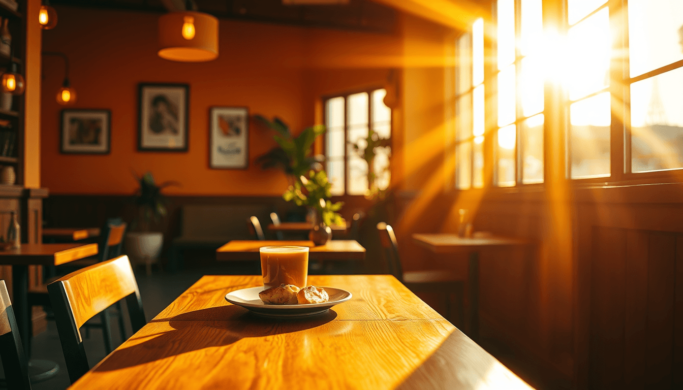 Cozy restaurant café interior with warm sunlight and dining table