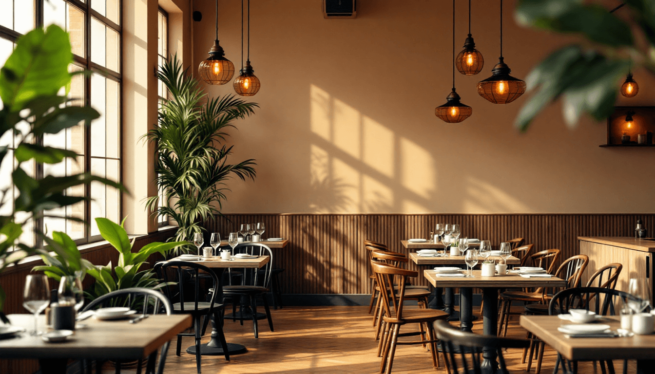 Cozy modern café interior with warm lighting and plants