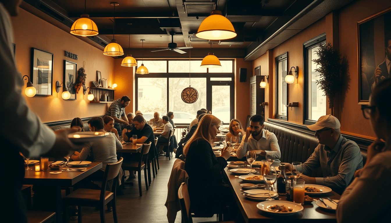 Cozy café interior with warm lighting and people dining