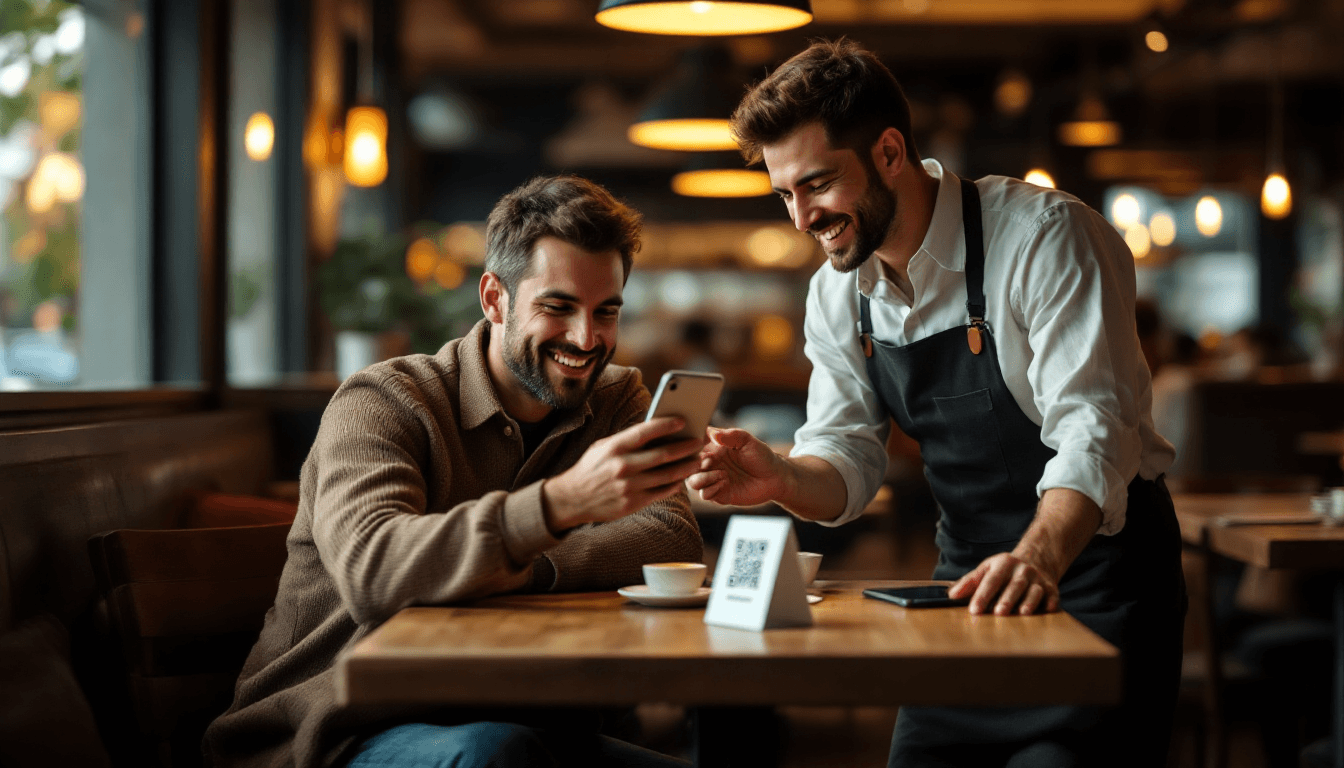 Customer checking phone for restaurant review variation
