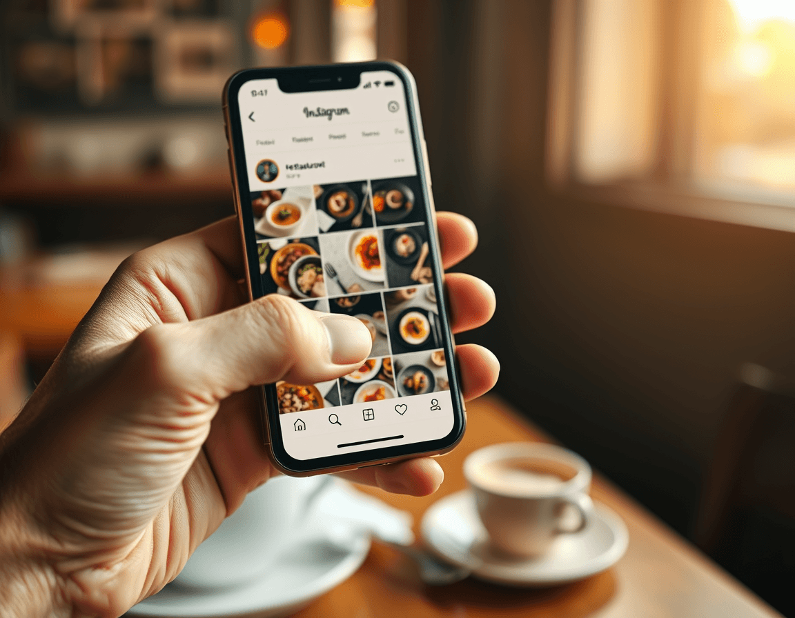 Customer browsing restaurant food photos on Instagram