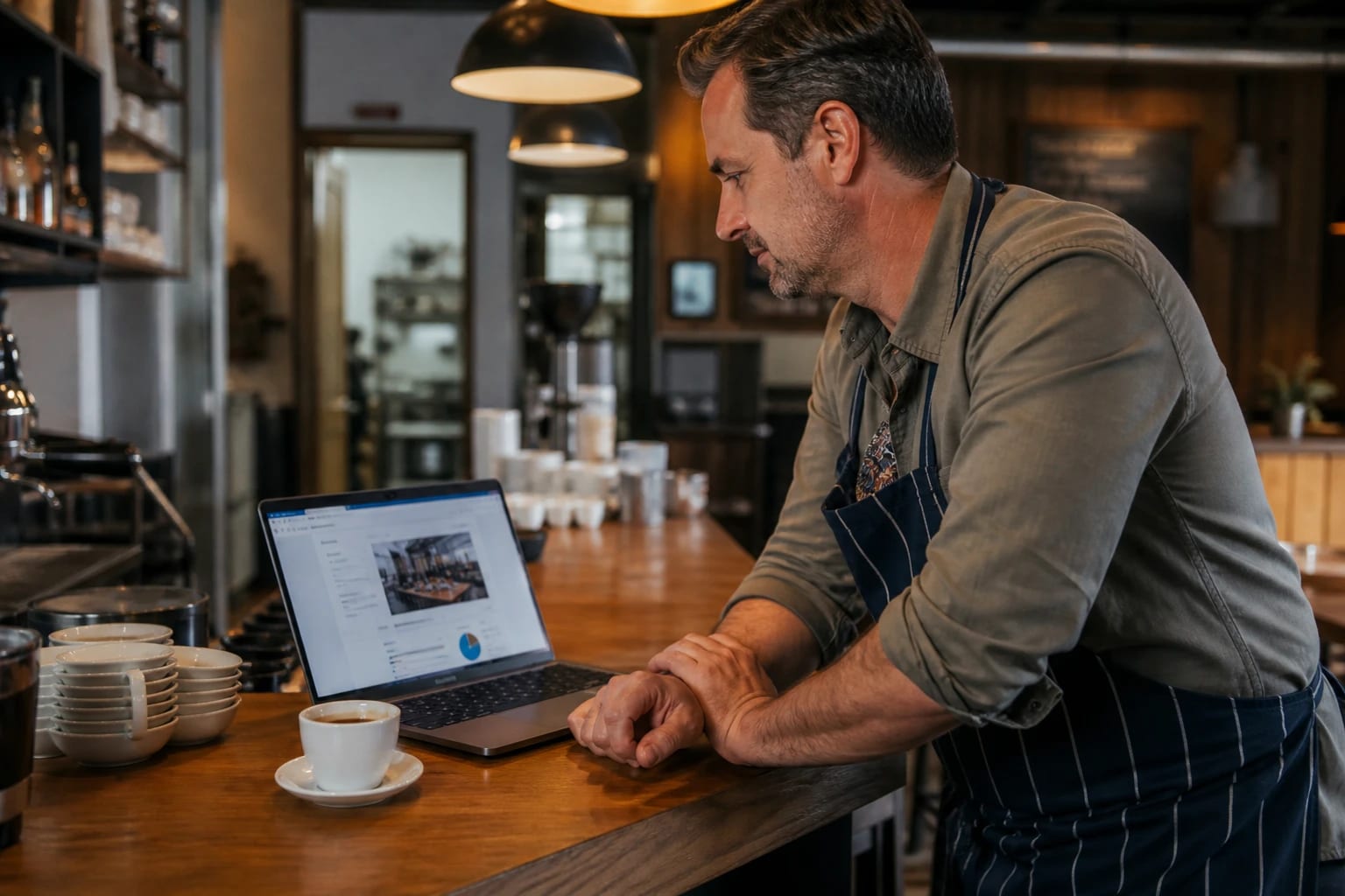 Restaurant owner checking business details on a laptop at the counter