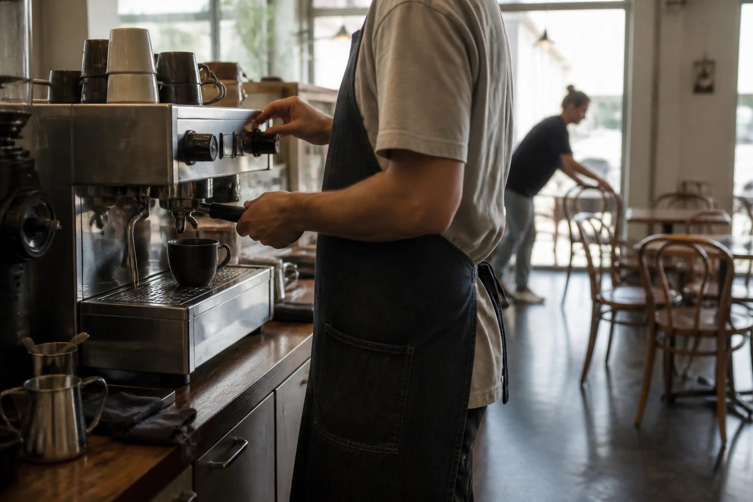 Barista switching on an espresso machine in an empty cafe in the morning